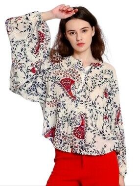 SEE YOU SOON Abstract Print Button Down Peasant Top - Small